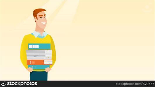 Young caucasian man holding pile of educational books in hands. Smiling student carrying huge stack of books. Student preparing for exam with books. Vector flat design illustration. Horizontal layout.. Man holding pile of books vector illustration.