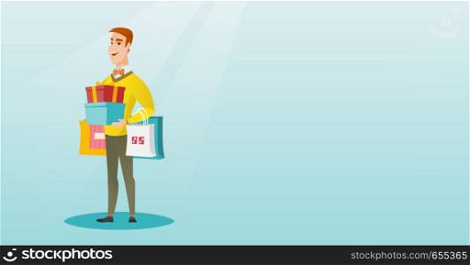 Young caucasian man holding shopping bags and gift boxes. Happy man carrying shopping bags and gift boxes. Man standing with a lot of shopping bags. Vector flat design illustration. Horizontal layout.. Caucasian man holding shopping bags and gift boxes