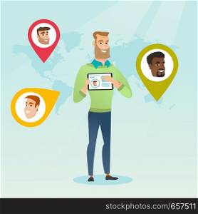 Young caucasian man holding tablet with social network user profile on a screen. Man standing on the background of world map with avatars of social network. Vector cartoon illustration. Square layout.. Caucasian man holding tablet with social network.