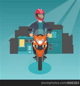 Young caucasian man in helmet riding a motorcycle on the background of night city. Happy hipster motorcyclist driving a motorbike on a city road at night. Vector cartoon illustration. Square layout.. Caucasian man riding a motorcycle at night.