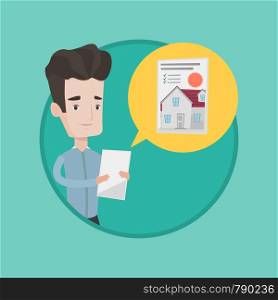 Young caucasian man looking at photo of a house on a digital tablet. Man seeking for appropriate house on a tablet computer. Vector flat design illustration in the circle isolated on background.. Man looking for house vector illustration.