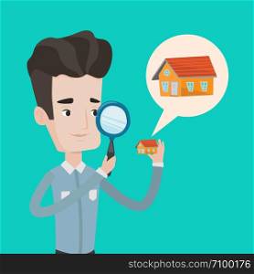 Young caucasian man looking for a new house in real estate market. Man using a magnifying glass for seeking a new house. Man analyzing house with loupe. Vector flat design illustration. Square layout.. Man looking for house vector illustration.