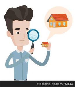 Young caucasian man looking for a new house in real estate market. Man using magnifying glass for seeking a house in real estate market. Vector flat design illustration isolated on white background.. Man looking for house vector illustration.