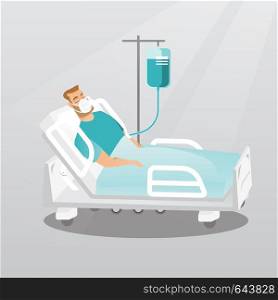 Young caucasian man lying in hospital bed with an oxygen mask. Man during medical procedure with a drop counter. Patient recovering in bed in a hospital. Vector flat design illustration. Square layout. Patient lying in hospital bed with oxygen mask.