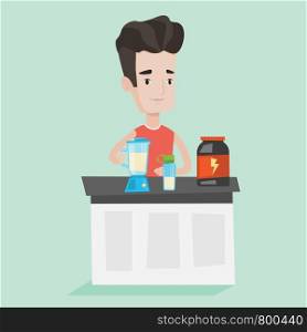 Young caucasian man making protein shake using blender. Man preparing cocktail of bodybuilding food supplements. Sports nutrition and lifestyle concept. Vector flat design illustration. Square layout.. Young man making protein cocktail.