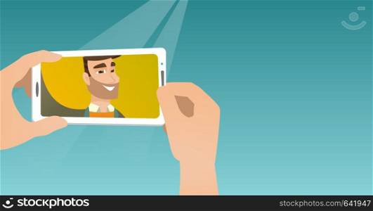 Young caucasian man making selfie. Smiling man taking a photo with a cellphone. Young guy taking selfie. Man taking selfie using his smartphone. Vector flat design illustration. Horizontal layout.. Young man making selfie vector illustration.