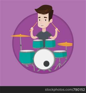 Young caucasian man playing on drums. Smiling mucisian playing on drums. Happy mucisian sitting behind the drum kit and playing. Vector flat design illustration in the circle isolated on background.. Man playing on drum kit vector illustration.