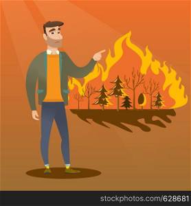 Young caucasian man pointing at forest in fire. Frustrated man standing on the background of a big forest fire. Concept of environmental destruction. Vector flat design illustration. Square layout.. Man standing on the background of wildfire.