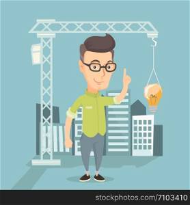 Young caucasian man pointing at idea light bulb hanging on crane. Architect having idea in town planning. Concept of new ideas in architecture. Vector flat design illustration. Square layout.. Man pointing at idea bulb hanging on crane.