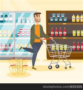 Young caucasian man pushing a shopping trolley. Happy hipster man with beard running with an empty shopping trolley in the store. Concept of shopping. Vector flat design illustration. Square layout.. Caucasian man running with a trolley in the store.