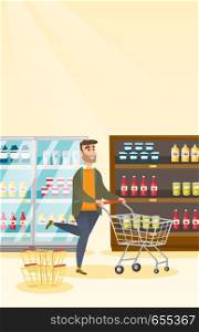 Young caucasian man pushing a shopping trolley. Happy hipster man with beard running with an empty shopping trolley in the store. Concept of shopping. Vector flat design illustration. Vertical layout.. Caucasian man running with a trolley in the store.