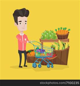 Young caucasian man pushing a supermarket cart with some vegetables in it. Customer shopping at supermarket with cart. Man buying fresh healthy food. Vector flat design illustration. Square layout.. Customer with shopping cart vector illustration.