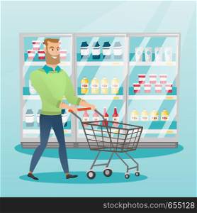 Young caucasian man pushing an empty supermarket trolley. Man shopping in the supermarket with a trolley. Man walking with a trolley in the supermarket. Vector flat design illustration. Square layout.. Young caucasian man with supermarket trolley.