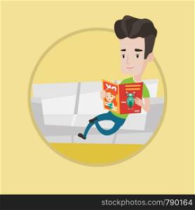 Young caucasian man reading a magazine. Man sitting on sofa and reading magazine. Man sitting on the couch with magazine in hands. Vector flat design illustration in the circle isolated on background.. Man reading magazine on sofa vector illustration.