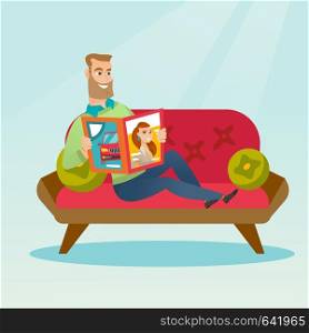 Young caucasian man reading a magazine. Man sitting on the couch and reading a magazine. Hipster man sitting on the couch with a magazine in hands. Vector flat design illustration. Square layout.. Man reading a magazine on the couch.