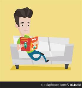 Young caucasian man reading a magazine. Relaxed man sitting on sofa and reading magazine. Young smiling man sitting on the couch with magazine in hands. Vector flat design illustration. Square layout.. Man reading magazine on sofa vector illustration.