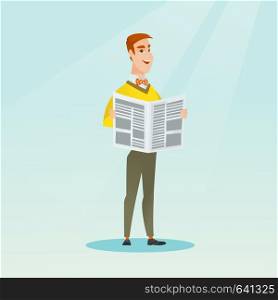 Young caucasian man reading a newspaper. Happy smiling man reading good news in a newspaper. Full length of a man standing with a newspaper in hands. Vector flat design illustration. Square layout.. Man reading a newspaper vector illustration.