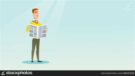 Young caucasian man reading a newspaper. Happy smiling man reading good news in a newspaper. Full length of a man standing with a newspaper in hands. Vector flat design illustration. Horizontal layout. Man reading a newspaper vector illustration.