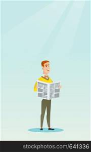 Young caucasian man reading a newspaper. Happy smiling man reading good news in a newspaper. Full length of a man standing with a newspaper in hands. Vector flat design illustration. Vertical layout.. Man reading a newspaper vector illustration.