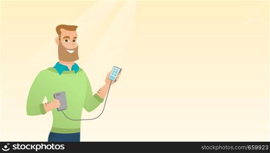 Young caucasian man recharging his smartphone with a mobile phone portable battery. Happy hipster man holding a mobile phone and a battery power bank. Vector cartoon illustration. Horizontal layout.. Man reharging smartphone from portable battery.