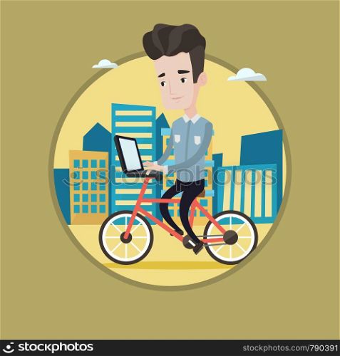 Young caucasian man riding a bike to work. Cyclist riding bike in the city. Businessman working on laptop while riding a bike. Vector flat design illustration in the circle isolated on background.. Man riding bicycle in the city vector illustration