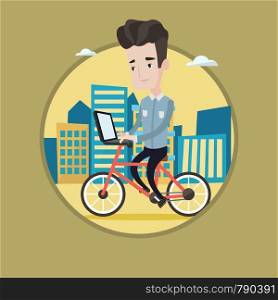 Young caucasian man riding a bike to work. Cyclist riding bike in the city. Businessman working on laptop while riding a bike. Vector flat design illustration in the circle isolated on background.. Man riding bicycle in the city vector illustration