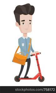 Young caucasian man riding a kick scooter. Businessman with briefcase riding to work on kick scooter. Businessman on a kick scooter. Vector flat design illustration isolated on white background.. Man riding kick scooter vector illustration.