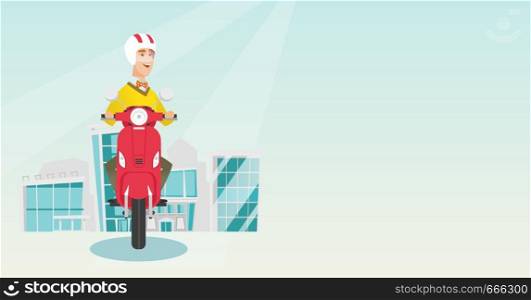 Young caucasian man riding a scooter on a city background. Cheerful man in helmet driving a scooter in the city street. Smiling man driving a scooter. Vector cartoon illustration. Horizontal layout.. Young caucasian man riding a scooter.