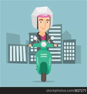 Young caucasian man riding a scooter on a city background. Young man in helmet driving a scooter in the city street. Smiling man driving a scooter. Vector flat design illustration. Square layout.. Man riding scooter in the city vector illustration