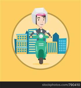 Young caucasian man riding a scooter on city background. Man in helmet driving a scooter in the city street. Man driving a scooter. Vector flat design illustration in the circle isolated on background. Man riding scooter in the city vector illustration