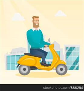 Young caucasian man riding a scooter outdoor. Smiling hipster man with beard traveling on a scooter in the city. Happy man enjoying his trip on a scooter. Vector cartoon illustration. Square layout.. Young caucasian man riding a scooter.
