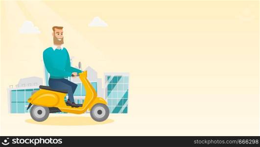 Young caucasian man riding a scooter outdoor. Smiling hipster man with beard traveling on a scooter in the city. Man enjoying his trip on a scooter. Vector cartoon illustration. Horizontal layout.. Young caucasian man riding a scooter.