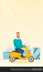 Young caucasian man riding a scooter outdoor. Smiling hipster man with beard traveling on a scooter in the city. Happy man enjoying his trip on a scooter. Vector cartoon illustration. Vertical layout.. Young caucasian man riding a scooter.