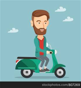 Young caucasian man riding a scooter outdoor. Smiling hipster man with beard traveling on a scooter. Happy man enjoying his trip on a scooter. Vector flat design illustration. Square layout.. Man riding scooter vector illustration.