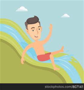 Young caucasian man riding down a waterslide at the aquapark. Happy man having fun on a water slide in the waterpark. Man going down a water slide. Vector flat design illustration. Square layout.. Man riding down waterslide vector illustration.