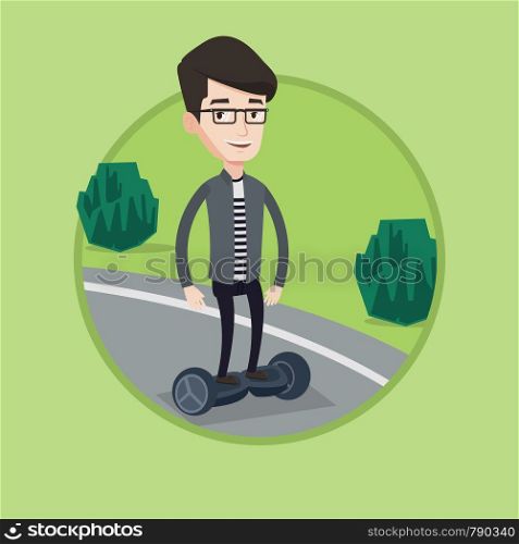 Young caucasian man riding on self-balancing electric scooter in the park. Joyful man standing on self-balancing electric scooter. Vector flat design illustration in the circle isolated on background.. Man riding on self-balancing electric scooter.