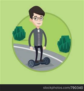 Young caucasian man riding on self-balancing electric scooter in the park. Joyful man standing on self-balancing electric scooter. Vector flat design illustration in the circle isolated on background.. Man riding on self-balancing electric scooter.
