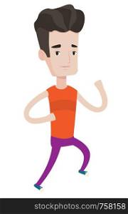 Young caucasian man running. Happy male runner jogging. Full length of a smiling male athlete running. Sportsman in sportswear running. Vector flat design illustration isolated on white background.. Young man running vector illustration.