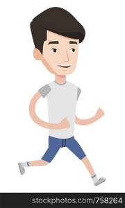 Young caucasian man running. Happy male runner jogging. Full length of a smiling male athlete running. Sportsman in sportswear running. Vector flat design illustration isolated on white background.. Young man running vector illustration.