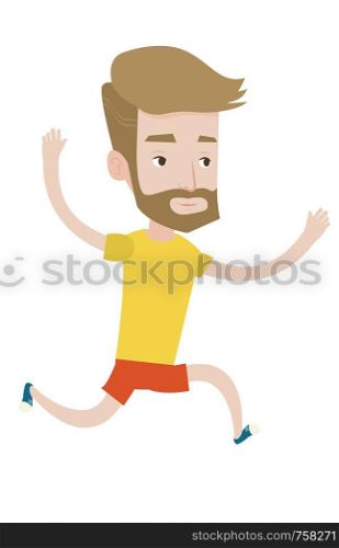 Young caucasian man running. Happy male runner jogging. Full length of smiling male athlete running. Hipster sportsman with beard running. Vector flat design illustration isolated on white background.. Young man running vector illustration.