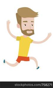 Young caucasian man running. Happy male runner jogging. Full length of smiling male athlete running. Hipster sportsman with beard running. Vector flat design illustration isolated on white background.. Young man running vector illustration.