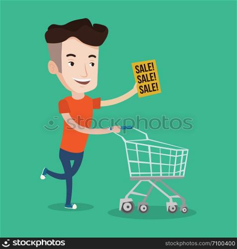Young caucasian man running on big sale. Man holding paper sheet with sale text. Man with empty shopping trolley running in hurry to the store on sale. Vector flat design illustration. Square layout.. Man running in hurry to the store on sale.
