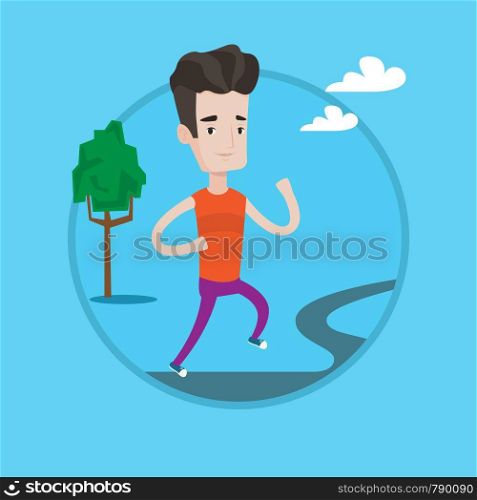 Young caucasian man running outdoors. Sportsman running in the park. Running man on forest road. Vector flat design illustration in the circle isolated on background.. Young man running vector illustration.