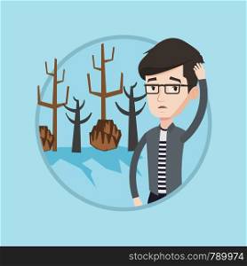 Young caucasian man scratching his head on the background of dried trees. Dead forest caused by global warming or wildfire. Vector flat design illustration in the circle isolated on background.. Forest destroyed by fire or global warming.