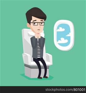 Young caucasian man shocked by plane flight in a turbulent area. Airplane passenger frightened by flight. Terrified passenger sitting in airplane seat. Vector flat design illustration. Square layout.. Young man suffering from fear of flying.