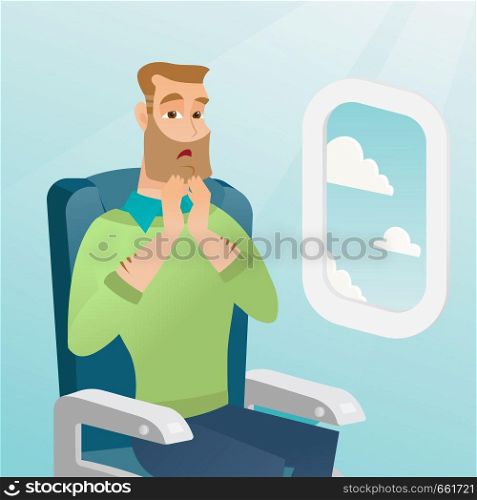 Young caucasian man shocked by plane flight in the turbulent area. Frightened airplane passenger sitting in airplane seat and suffering from aerophobia. Vector cartoon illustration. Square layout.. Young caucasian man suffering from aerophobia.