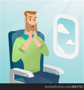 Young caucasian man shocked by plane flight in the turbulent area. Frightened airplane passenger sitting in airplane seat and suffering from aerophobia. Vector cartoon illustration. Square layout.. Young caucasian man suffering from aerophobia.