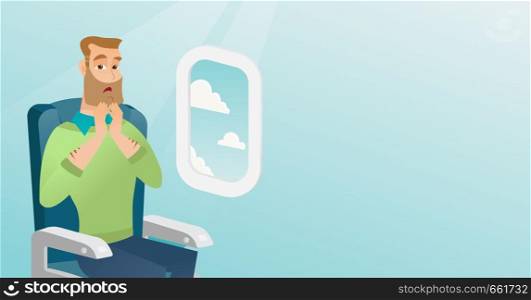 Young caucasian man shocked by plane flight in the turbulent area. Frightened airplane passenger sitting in airplane seat and suffering from aerophobia. Vector cartoon illustration. Horizontal layout.. Young caucasian man suffering from aerophobia.