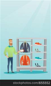 Young caucasian man shocked by price tag in a clothing store. Surprised man looking at price tag in a clothing store. Amazed man staring at price tag. Vector flat design illustration. Vertical layout.. Man shocked by a price tag in a clothing store.