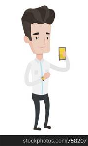 Young caucasian man showing his smartphone and smart watch. Concept of synchronization between smartwatch and smartphone. Vector flat design illustration isolated on white background.. Synchronization between smartwatch and smartphone.